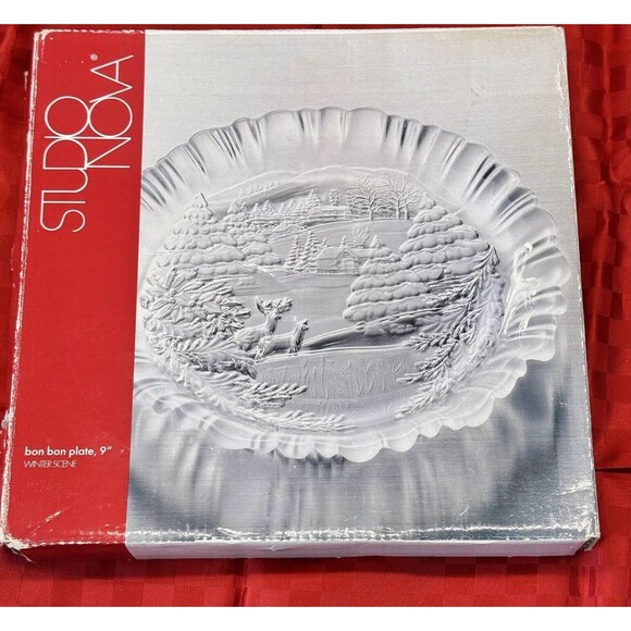 Christmas Winter Scene Plate 9" Clear Deer Tree Studio Nova Bon Bon Serving Dish - Picture 5 of 9